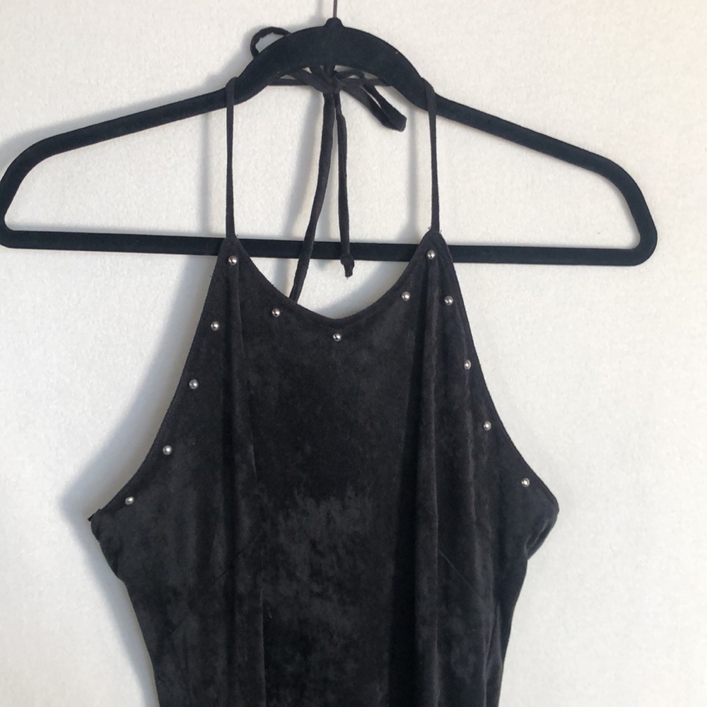 **SOLD* Aziz Black Halter Dress Decorative Studs. Low Back, V Bottom Hem. Size S - Picture 3 of 8